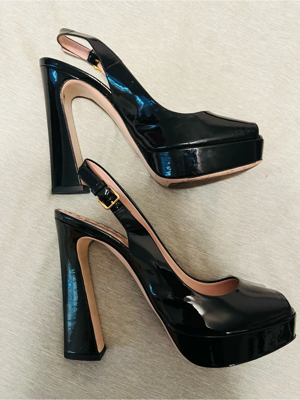 Miu Miu Black Patent Platform Slingback Heels with Pink Trim